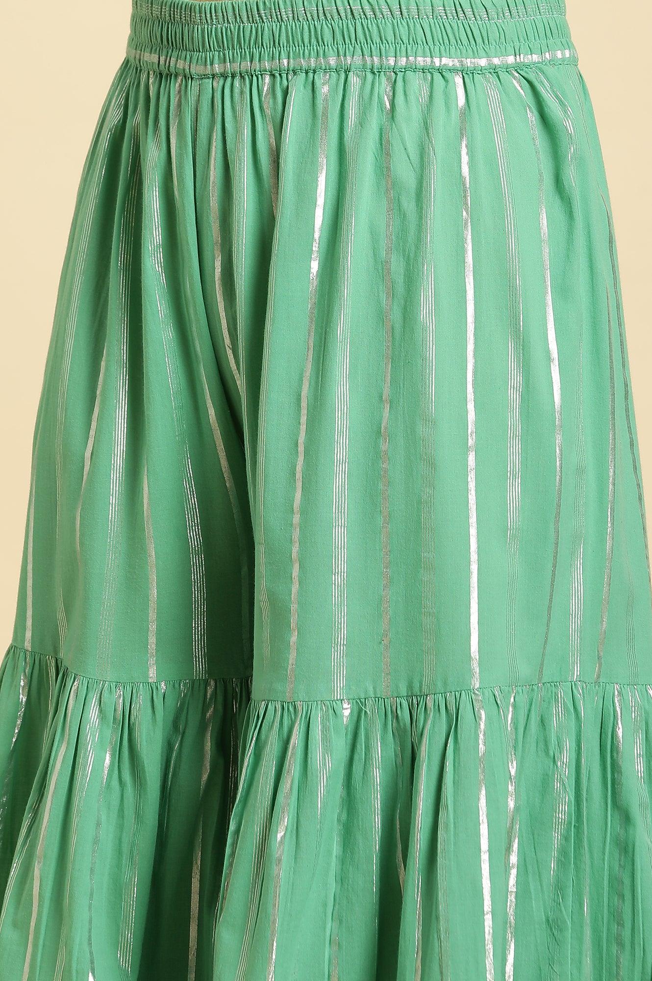 Mint Green Printed Short Kurta, Tiered Sharara And Dupatta - wforwoman