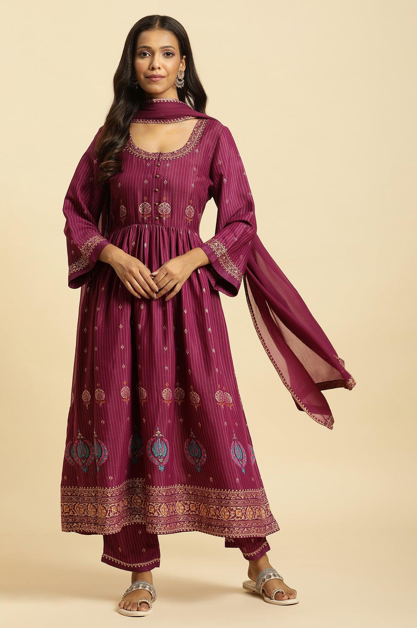 Purple Embellished Kurta, Pants And Dupatta Set - wforwoman