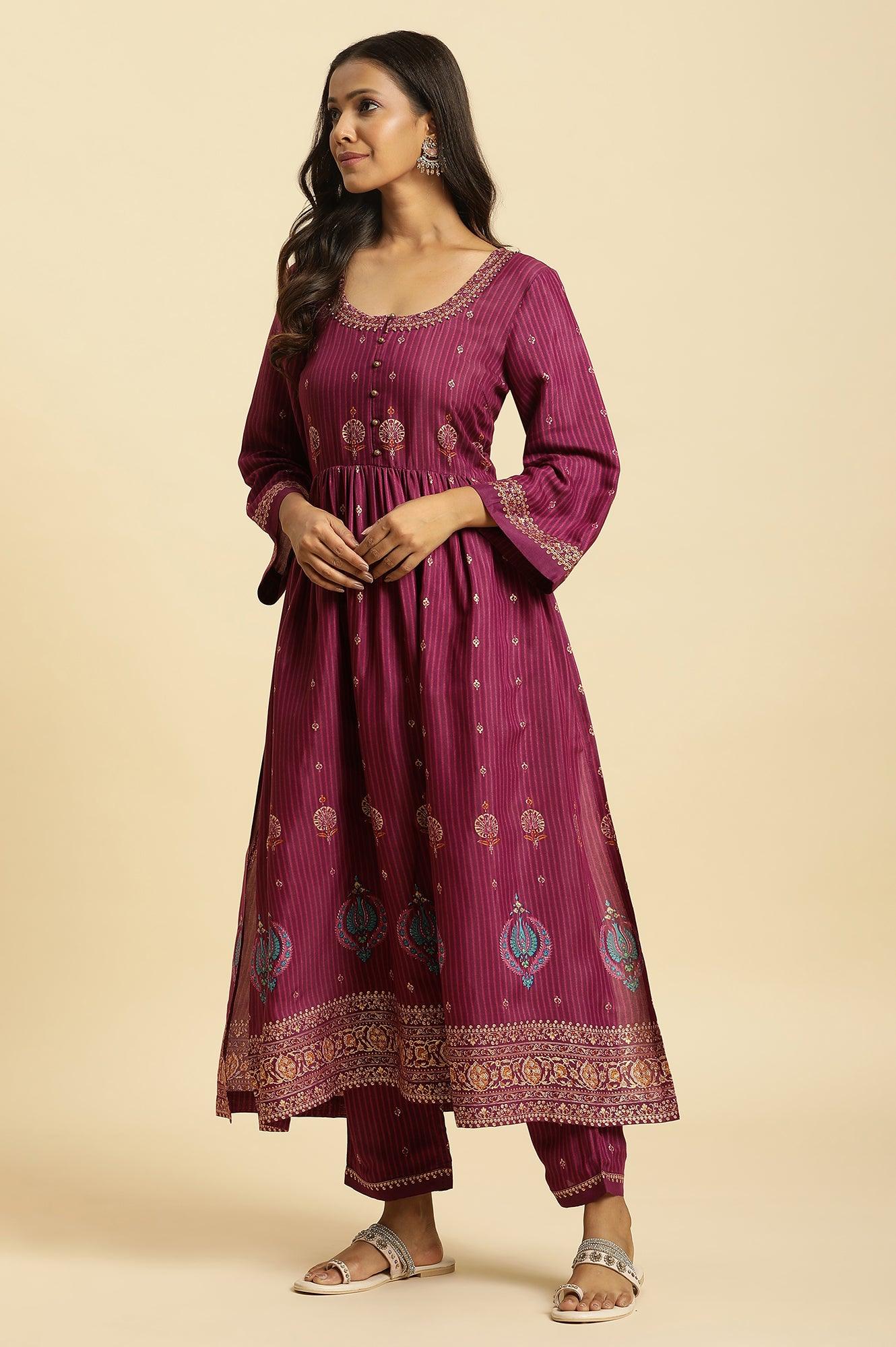 Purple Embellished Kurta, Pants And Dupatta Set - wforwoman