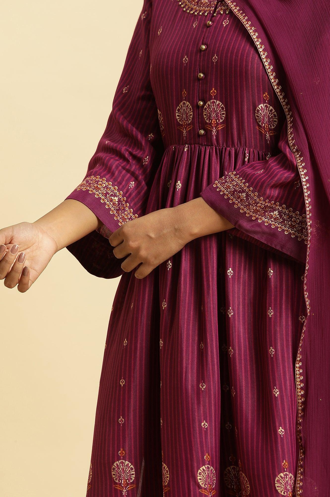 Purple Embellished Kurta, Pants And Dupatta Set - wforwoman