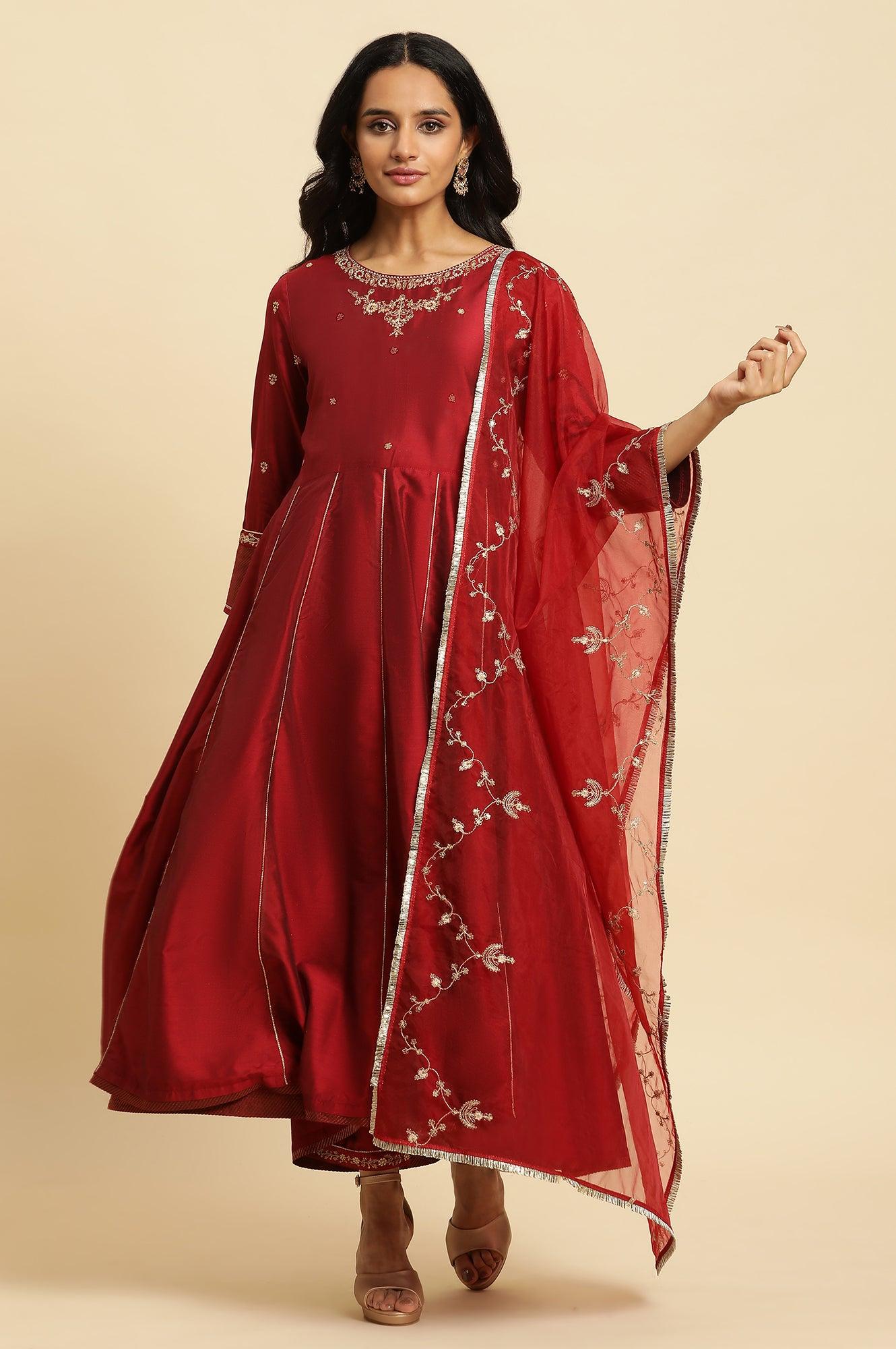 Dark Red Zari Embroidered Festive Kurta, Pant And Dupatta Set - wforwoman