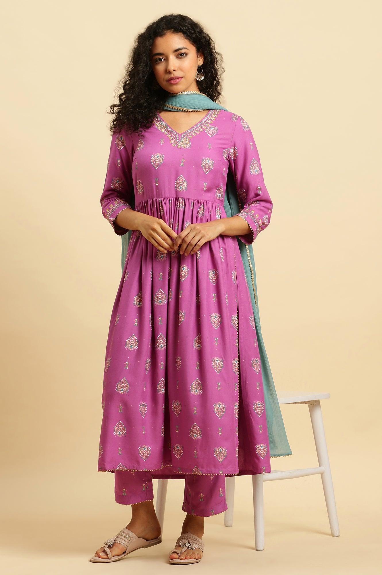 Purple Paisley Printed Gathered Kurta, Pants And Dupatta Set - wforwoman