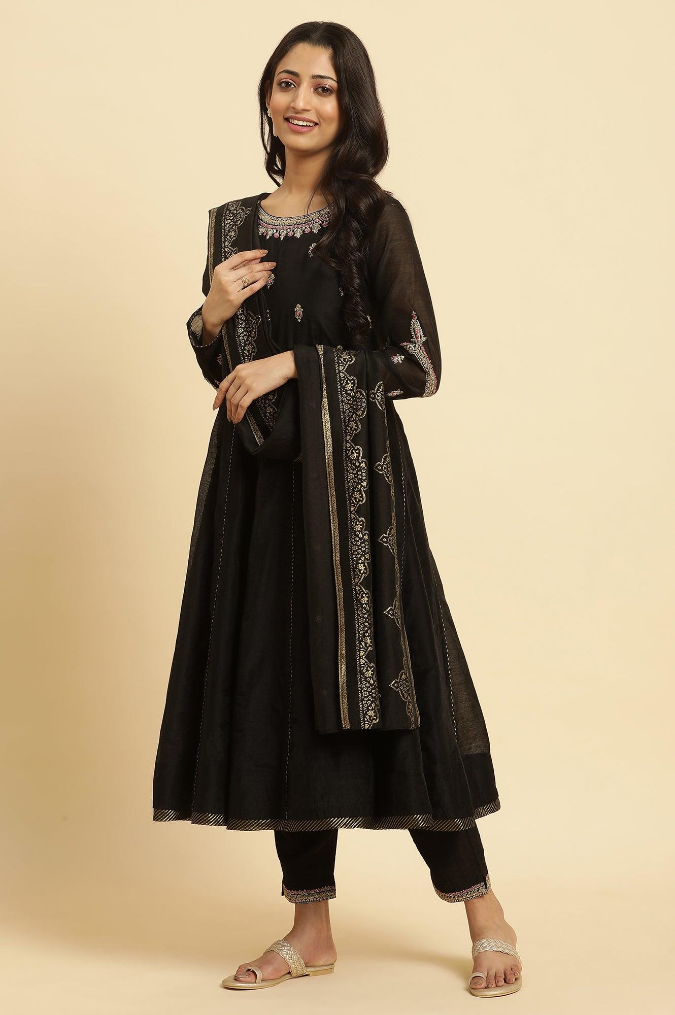 Black Flared Metallic Embroidered Kurta, Pants And Dupatta Set - wforwoman