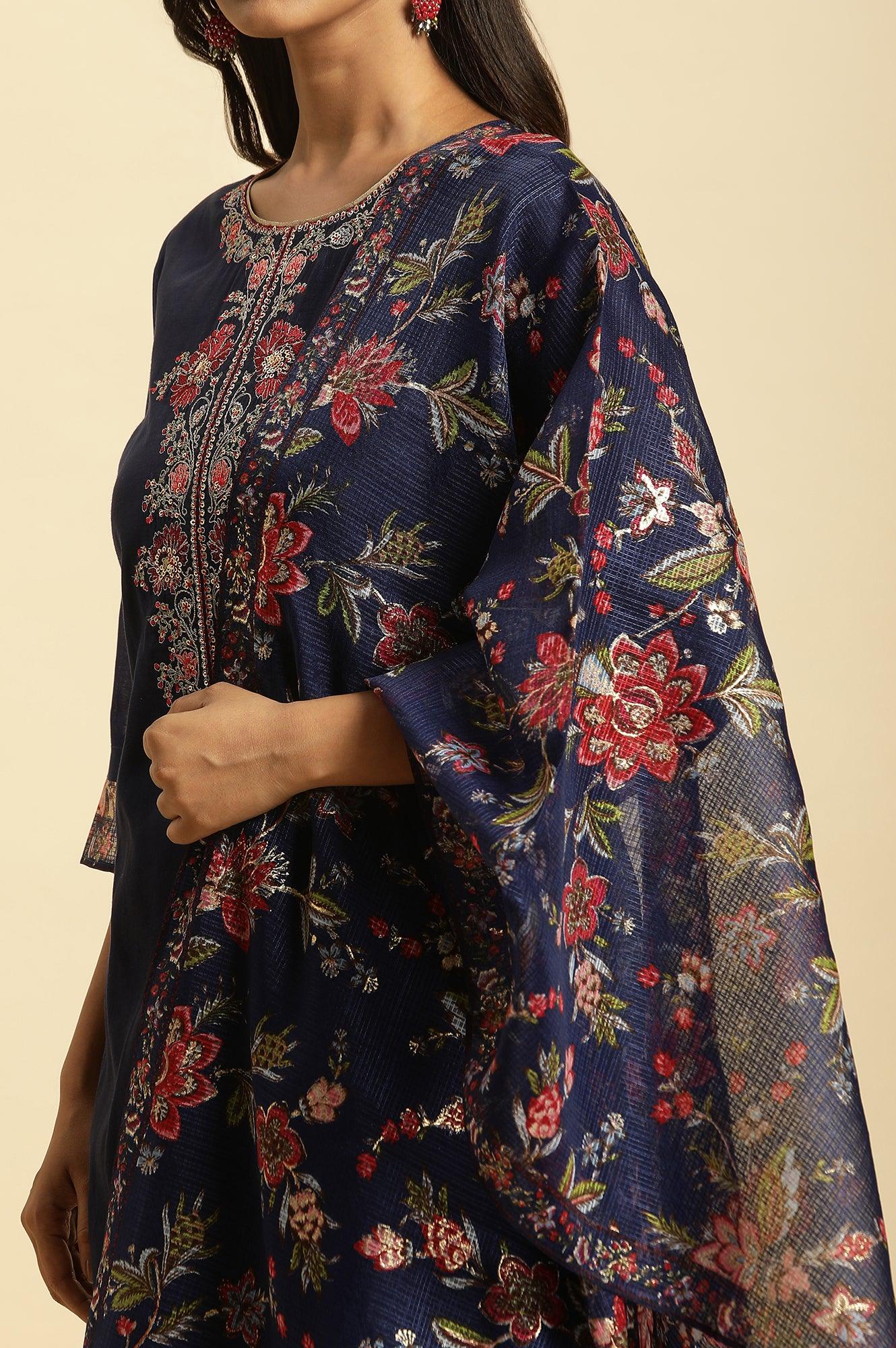 Royal Blue Embroidered Kurta, Pants And Dupatta Set - wforwoman