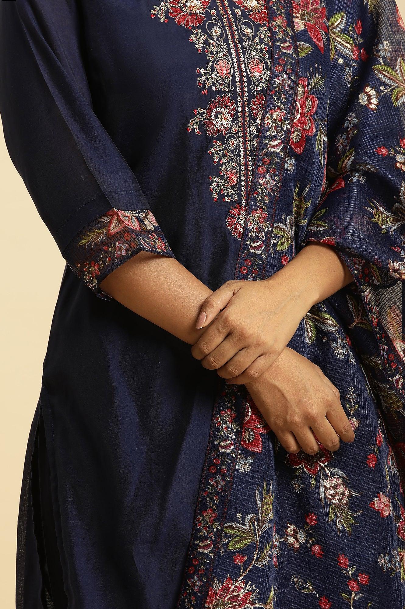 Royal Blue Embroidered Kurta, Pants And Dupatta Set - wforwoman