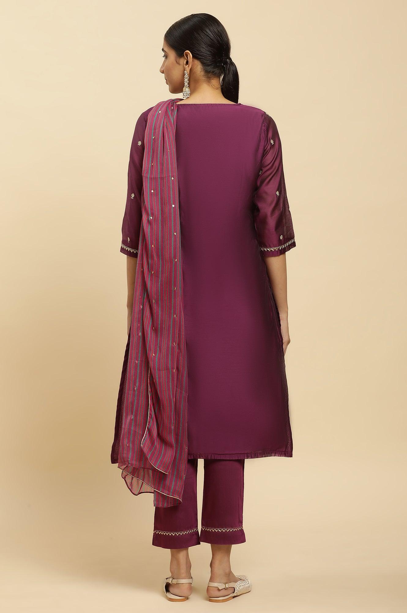 Purple Metallic Embroidered Kurta, Pants And Dupatta Set - wforwoman