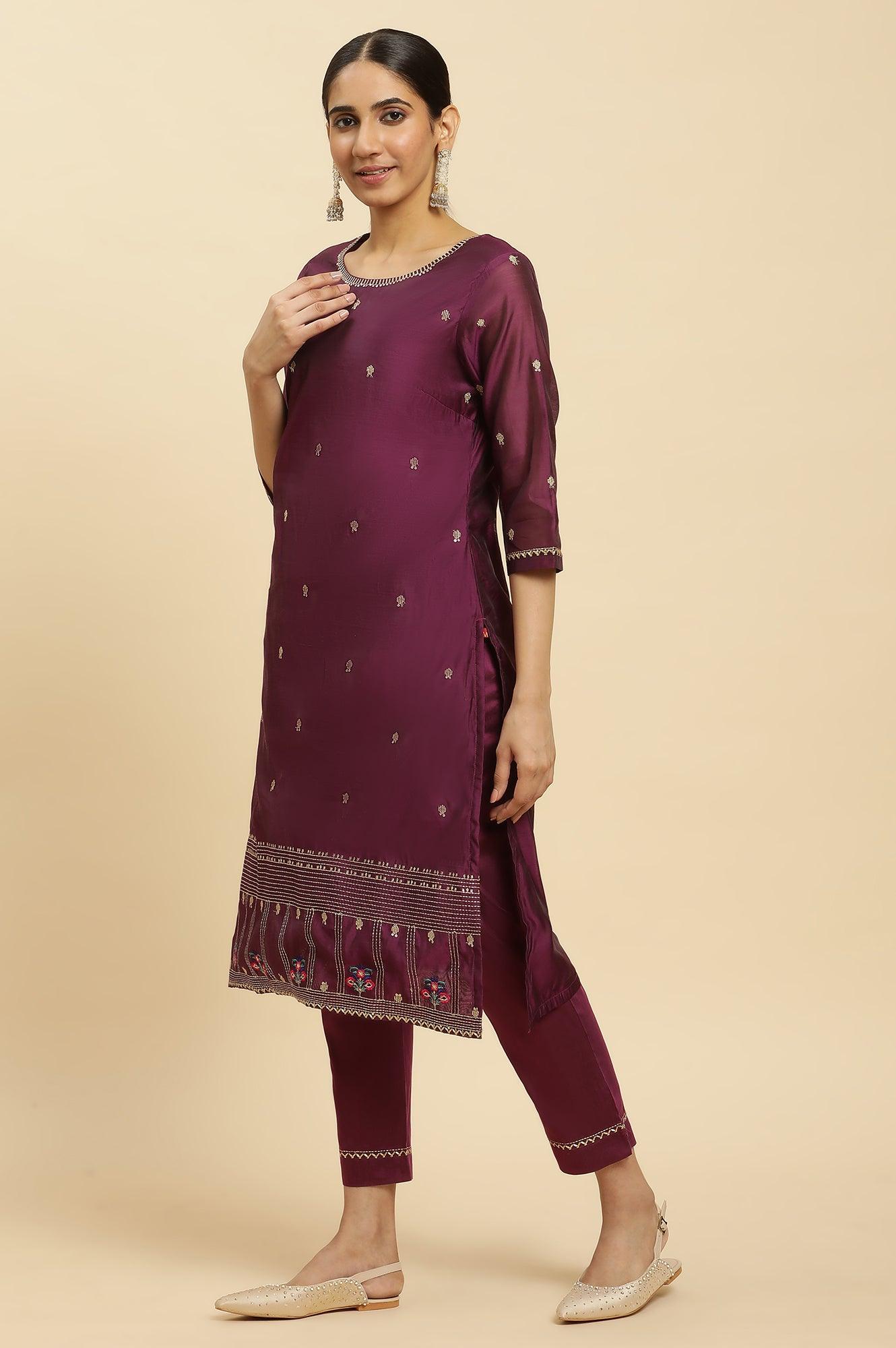 Purple Metallic Embroidered Kurta, Pants And Dupatta Set - wforwoman