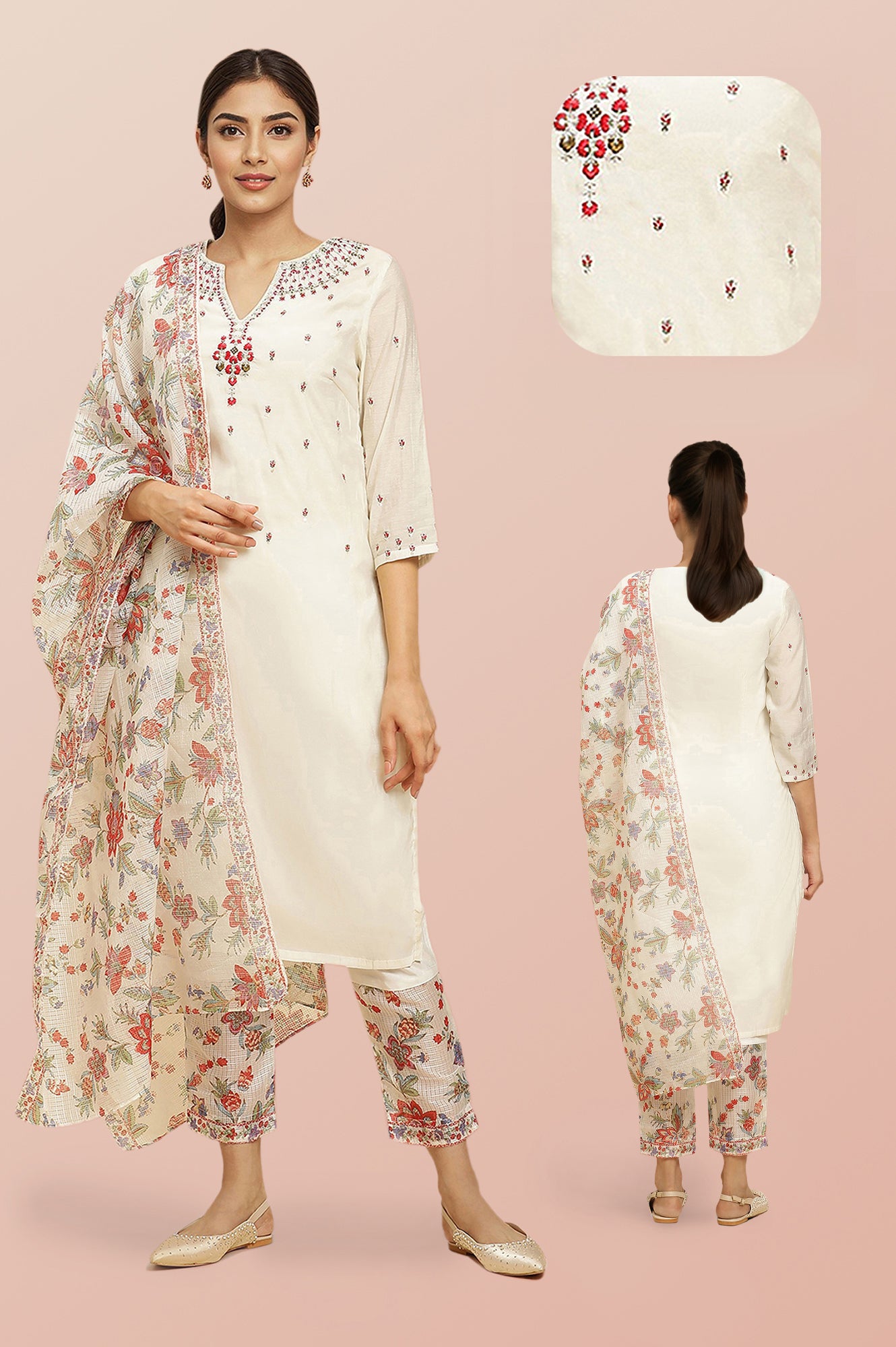 Ecru Chanderi Embroidered Kurta Set with Slim Pants and Dupatta