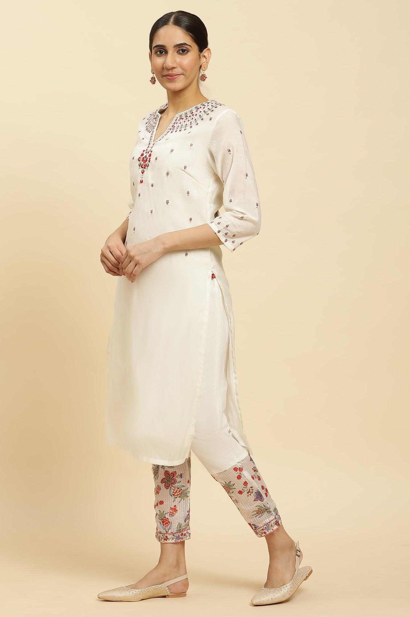 Ecru Chanderi Embroidered Kurta, Slim Pants And Dupatta Set - wforwoman