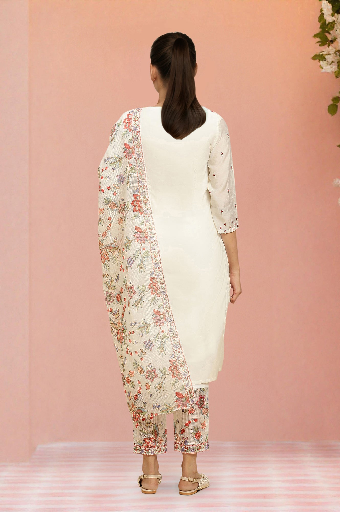 Ecru Chanderi Embroidered Kurta Set with Slim Pants and Dupatta