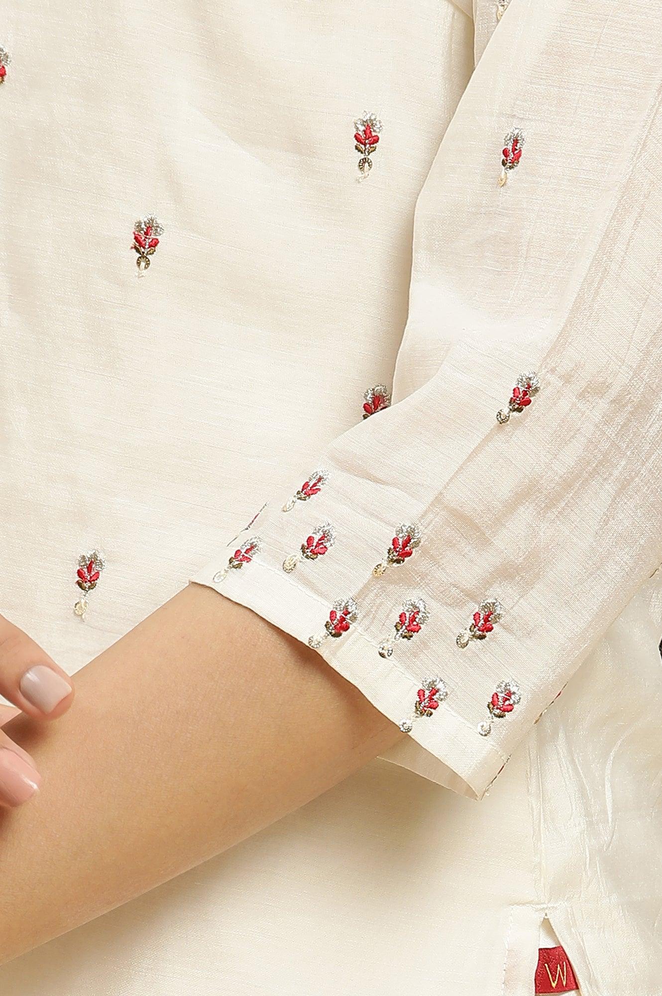 Ecru Chanderi Embroidered Kurta, Slim Pants And Dupatta Set - wforwoman