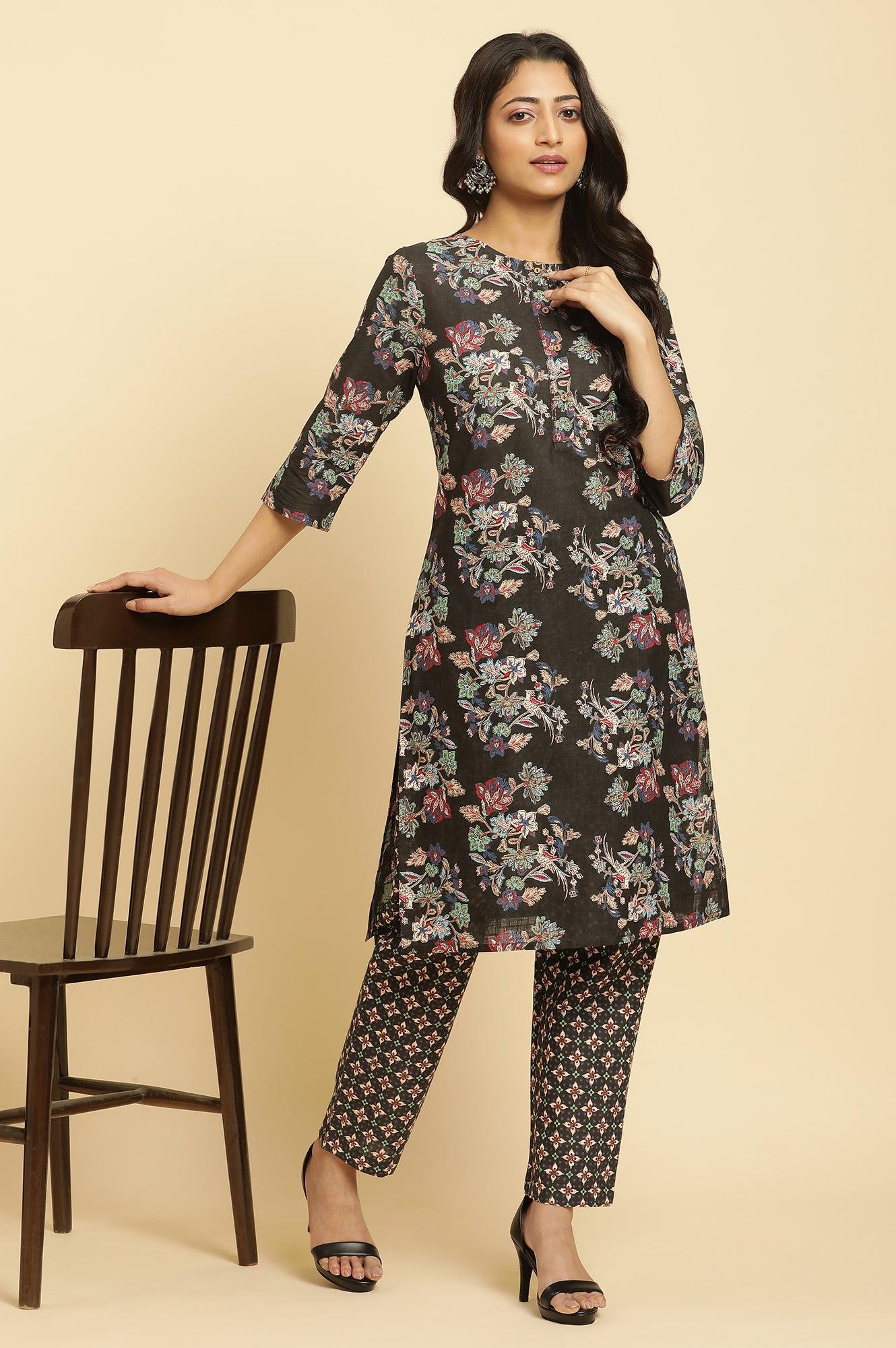 Black Floral Printed Kurta And Pants Set - wforwoman