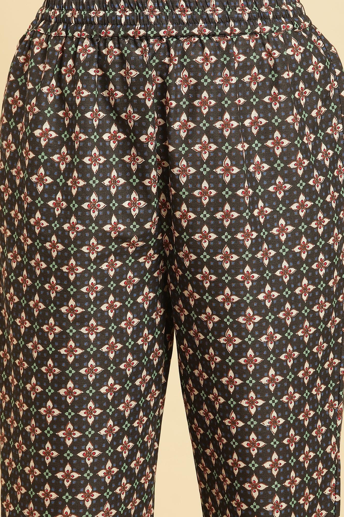 Black Floral Printed Kurta And Pants Set - wforwoman