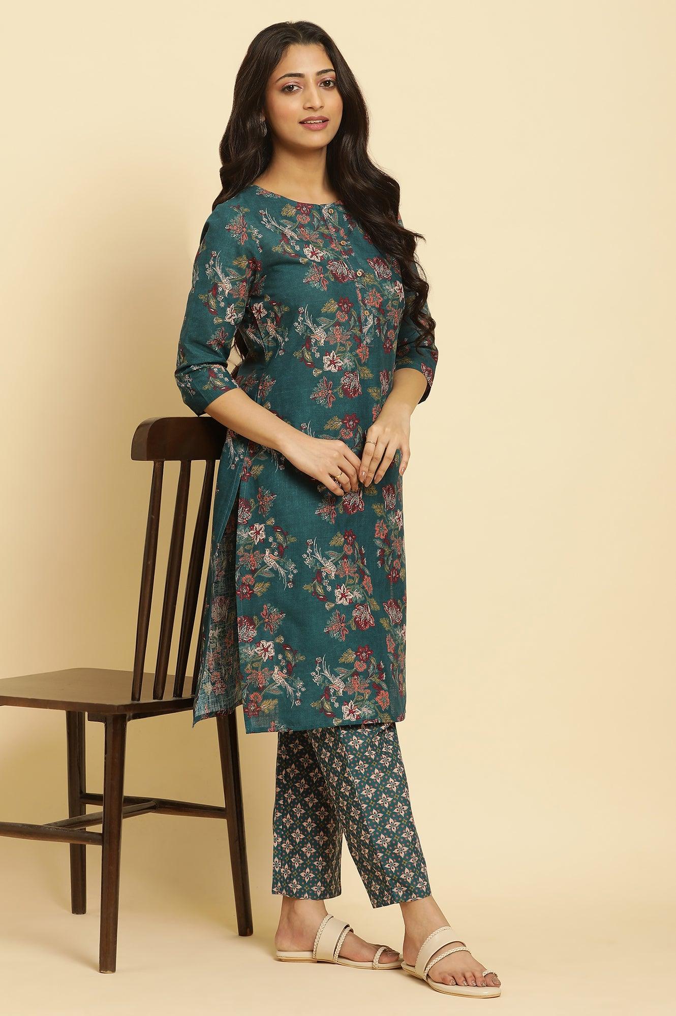 Teal Green Floral Printed Kurta And Pants Set - wforwoman