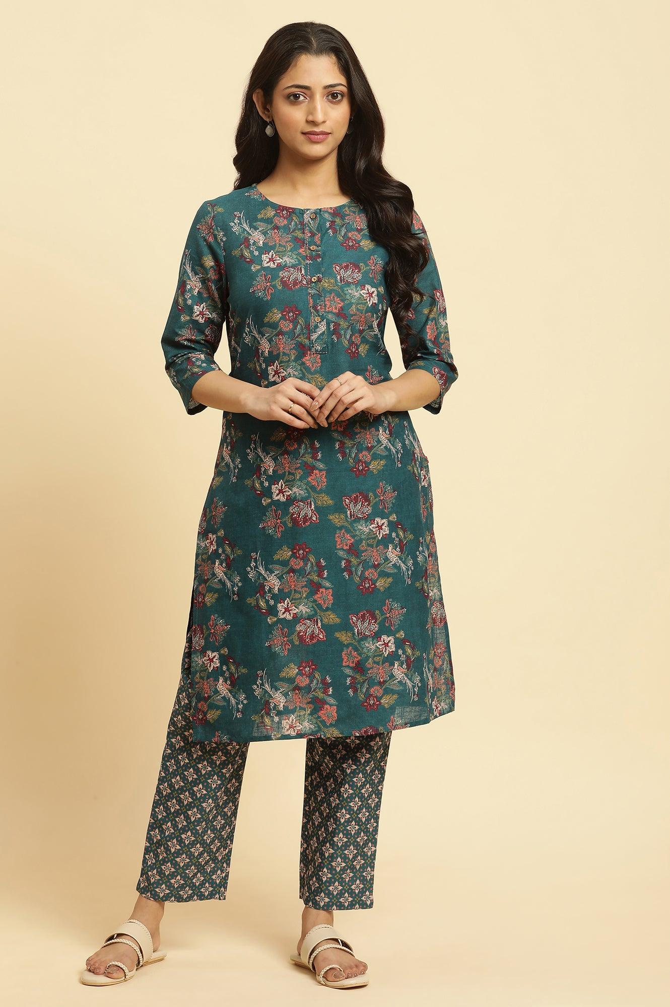 Teal Green Floral Printed Kurta And Pants Set - wforwoman