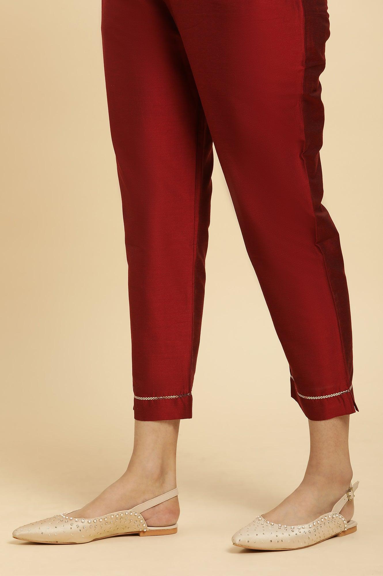 Red Panelled Embroidered Kurta, Slim Pants And Dupatta Set - wforwoman