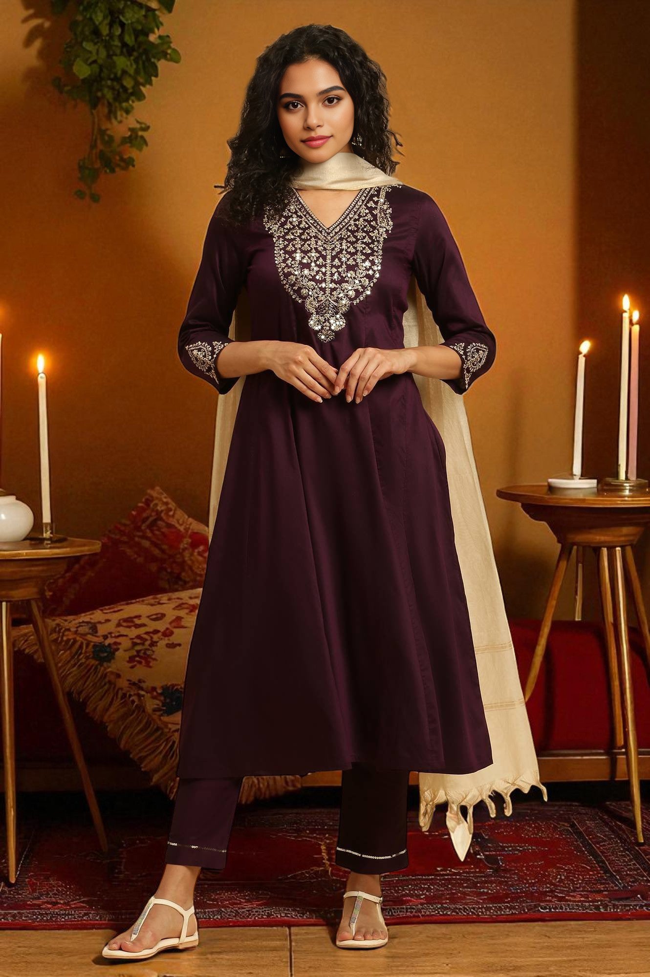 Purple Panelled Embroidered Kurta, Slim Pants And Dupatta Set