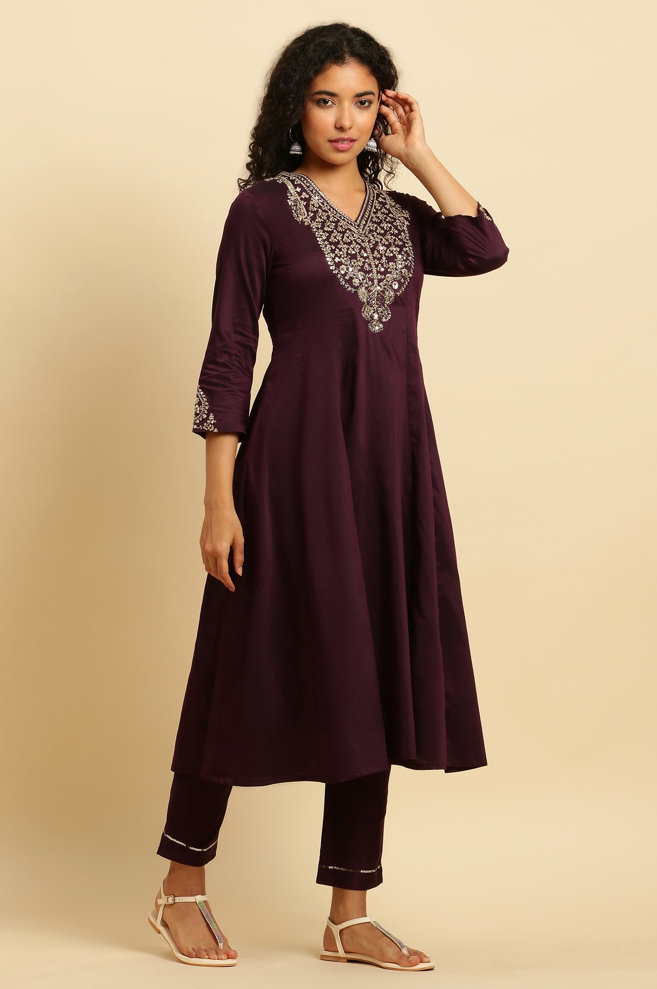 Purple Solid Metallic Embroidered Anarkali Kurta, Slim Pants And Dupatta Set