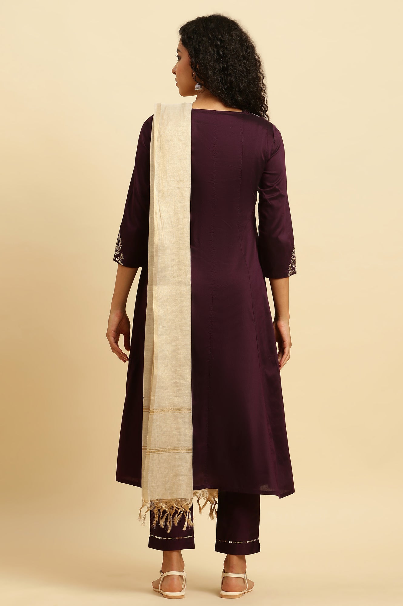 Purple Solid Metallic Embroidered Anarkali Kurta, Slim Pants And Dupatta Set