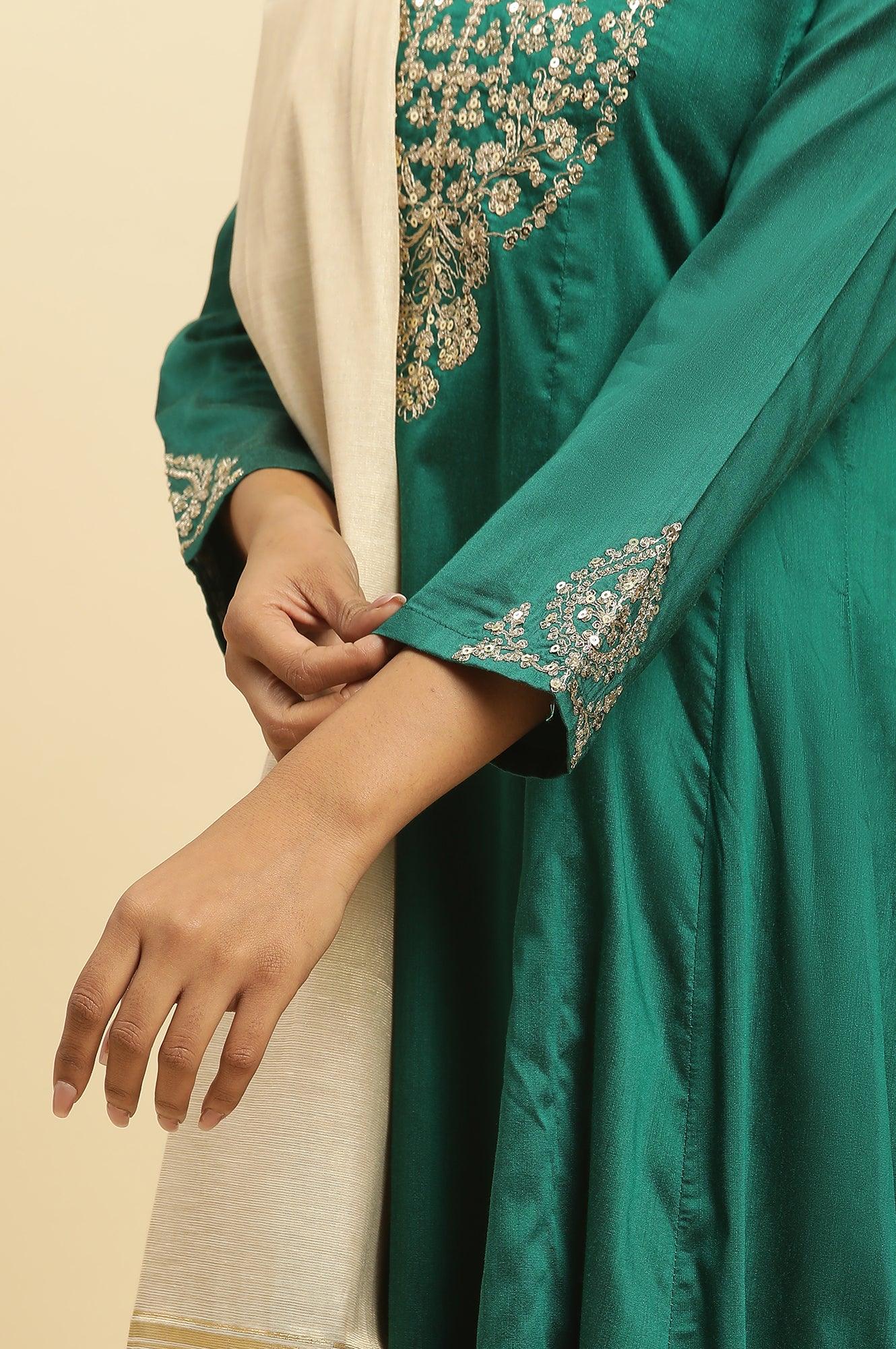 Green Panelled Embroidered Kurta, Slim Pants And Dupatta Set - wforwoman