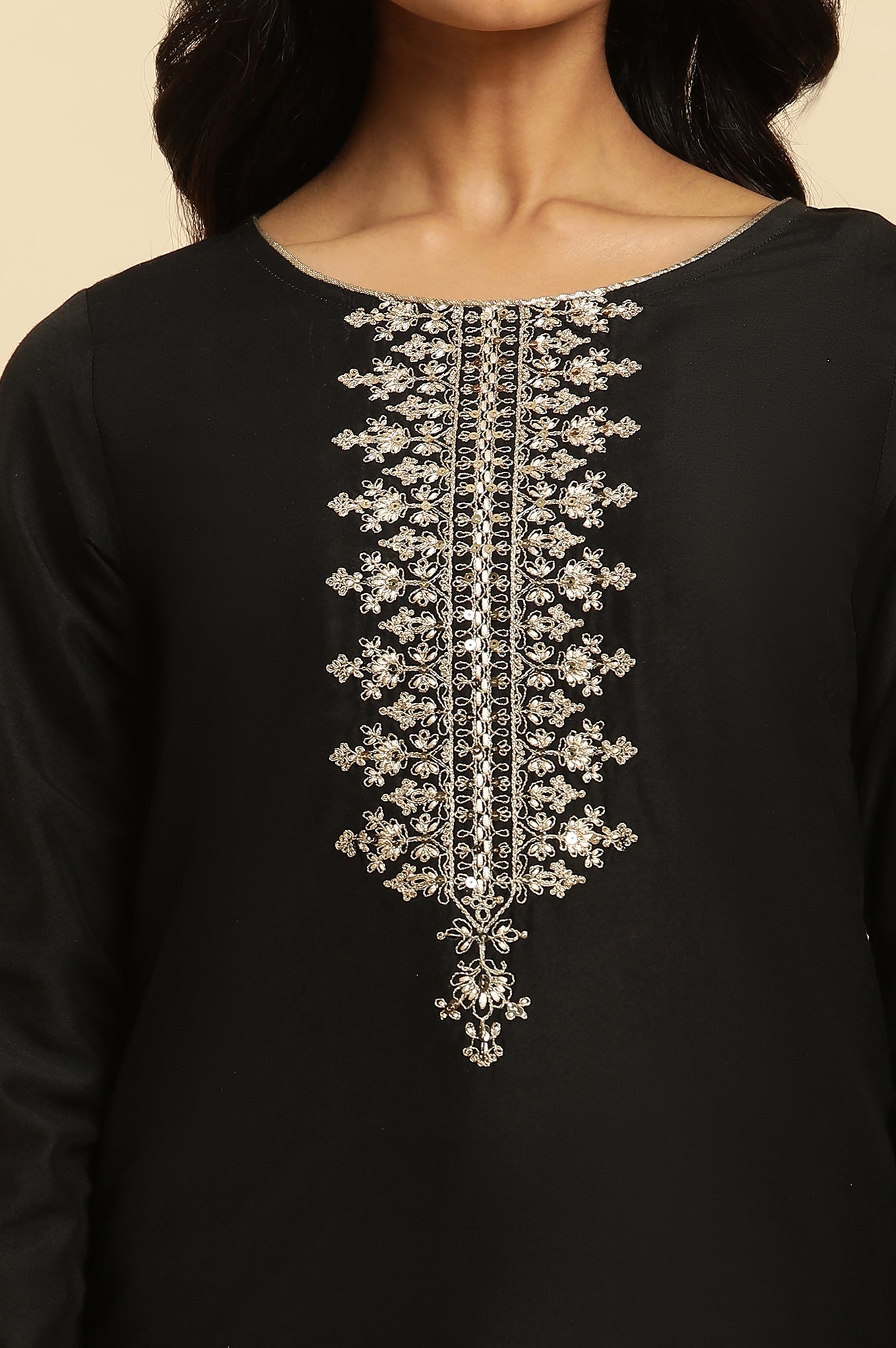 Black Zari Embroidered Straight Kurta, Pant And Dupatta Set - wforwoman