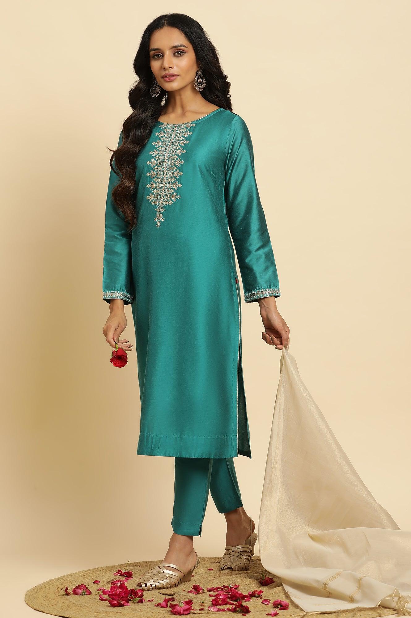 Teal Blue Zari Embroidered Straight Kurta, Pant And Dupatta Set - wforwoman