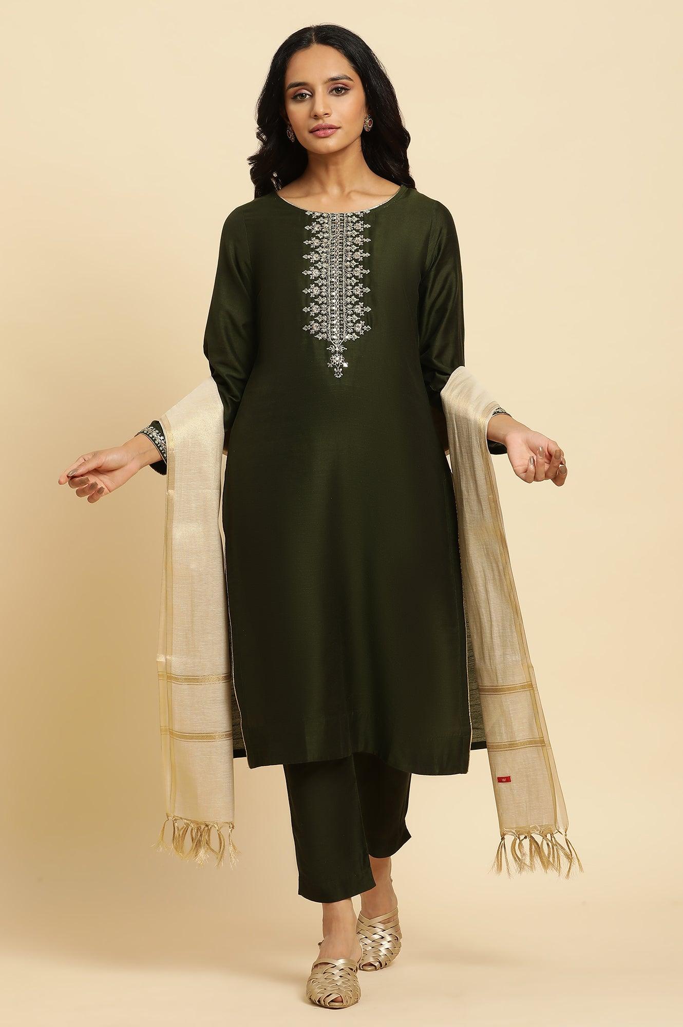 Green Zari Embroidered Straight Kurta, Pant And Dupatta Set - wforwoman