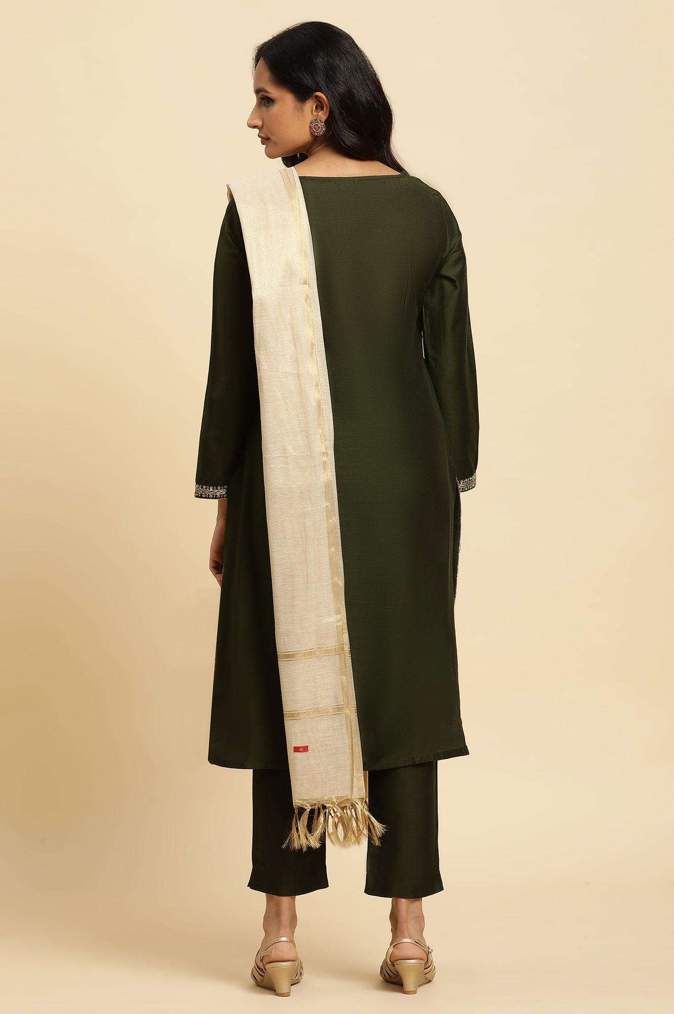 Green Zari Embroidered Straight Kurta, Pant And Dupatta Set - wforwoman