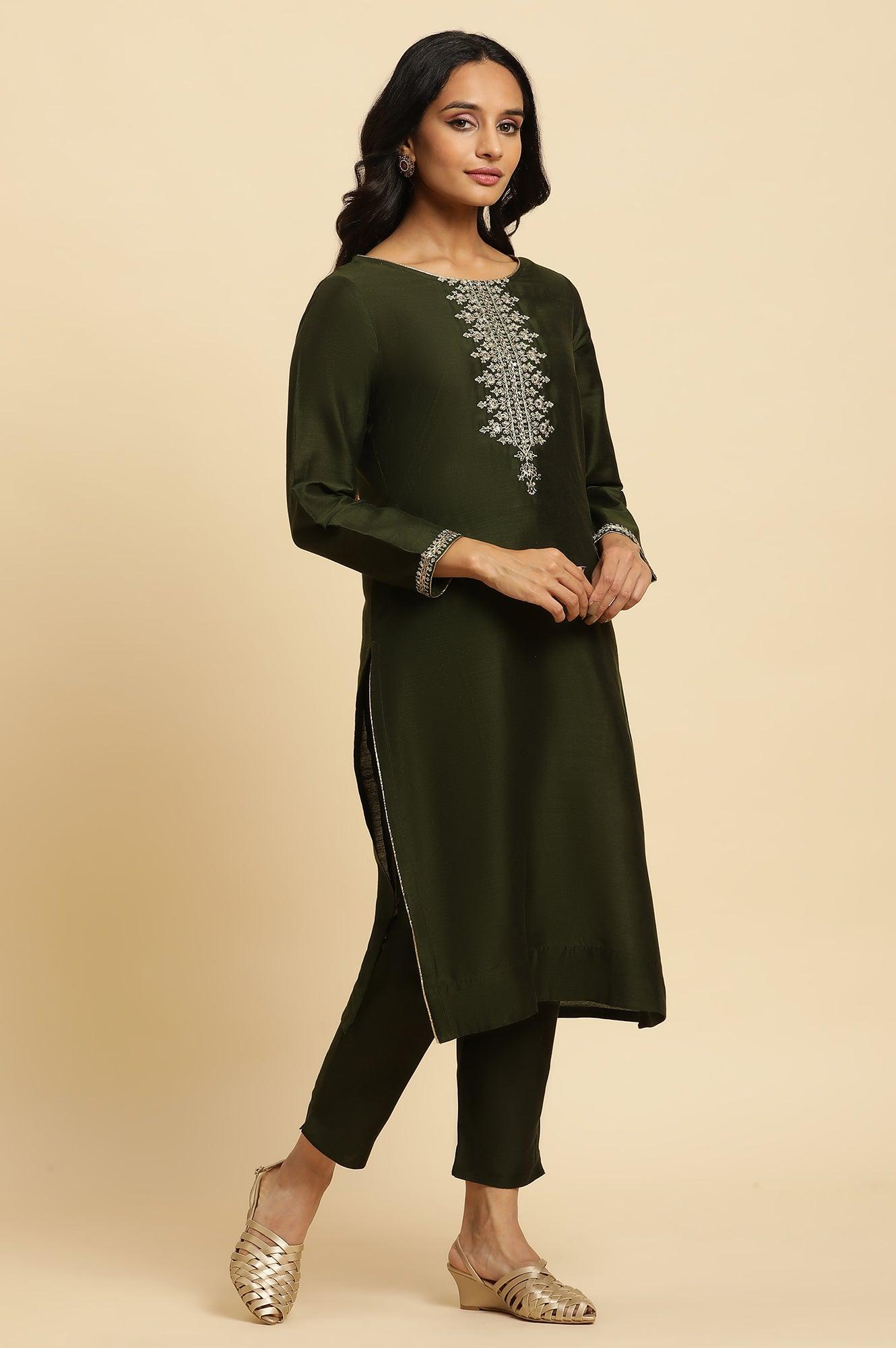 Green Zari Embroidered Straight Kurta, Pant And Dupatta Set - wforwoman