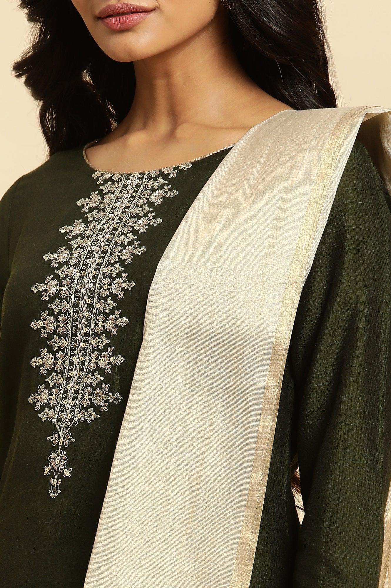 Green Zari Embroidered Straight Kurta, Pant And Dupatta Set - wforwoman