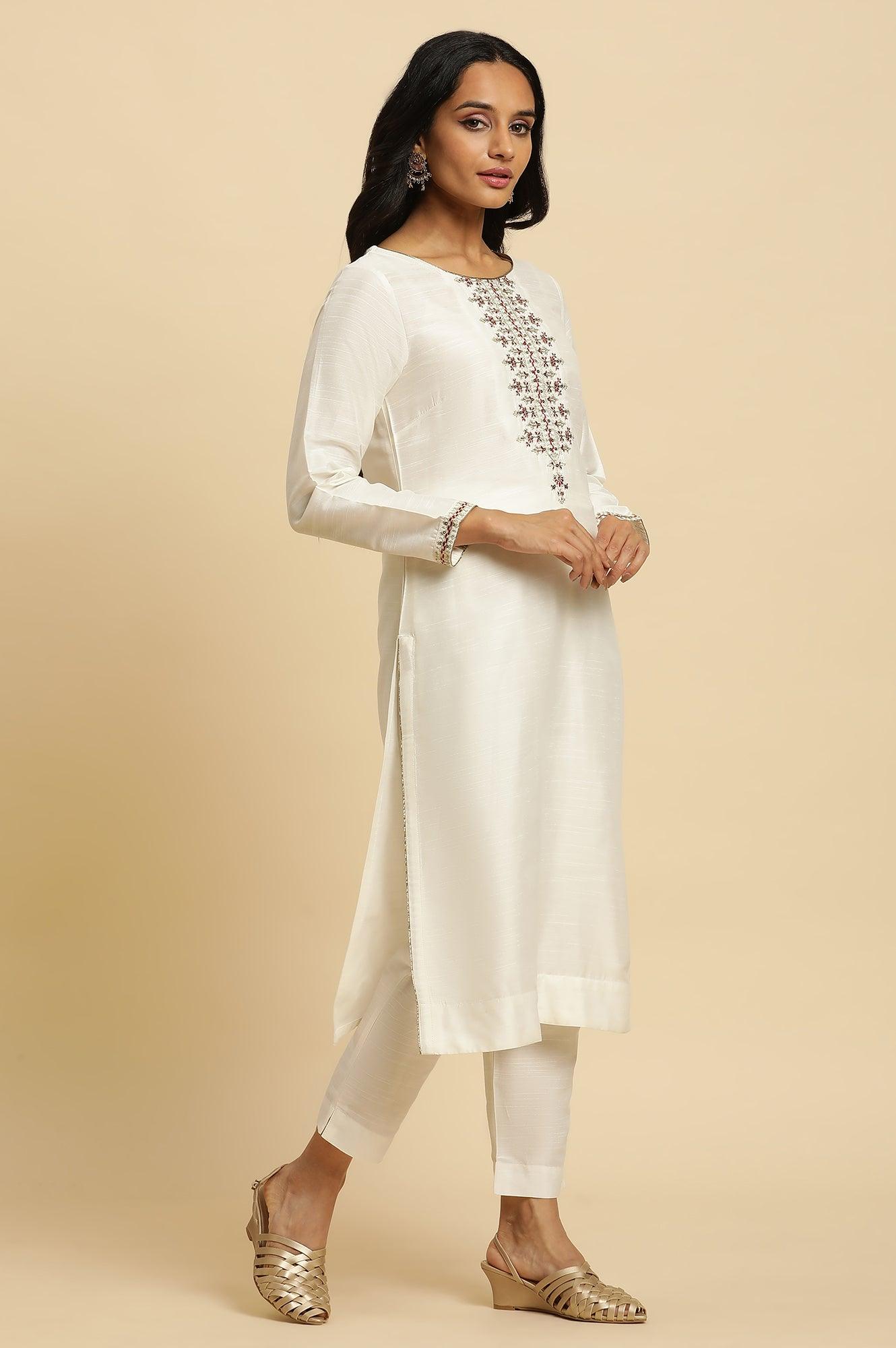 Ivory Zari Embroidered Straight Kurta, Pant And Dupatta Set - wforwoman