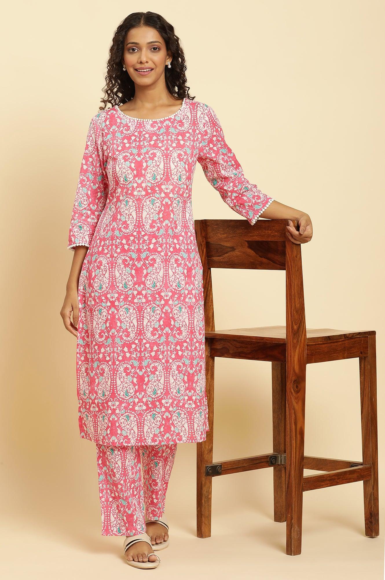 Pink Printed Straight Kurta And Pants Co-Ord Set - wforwoman