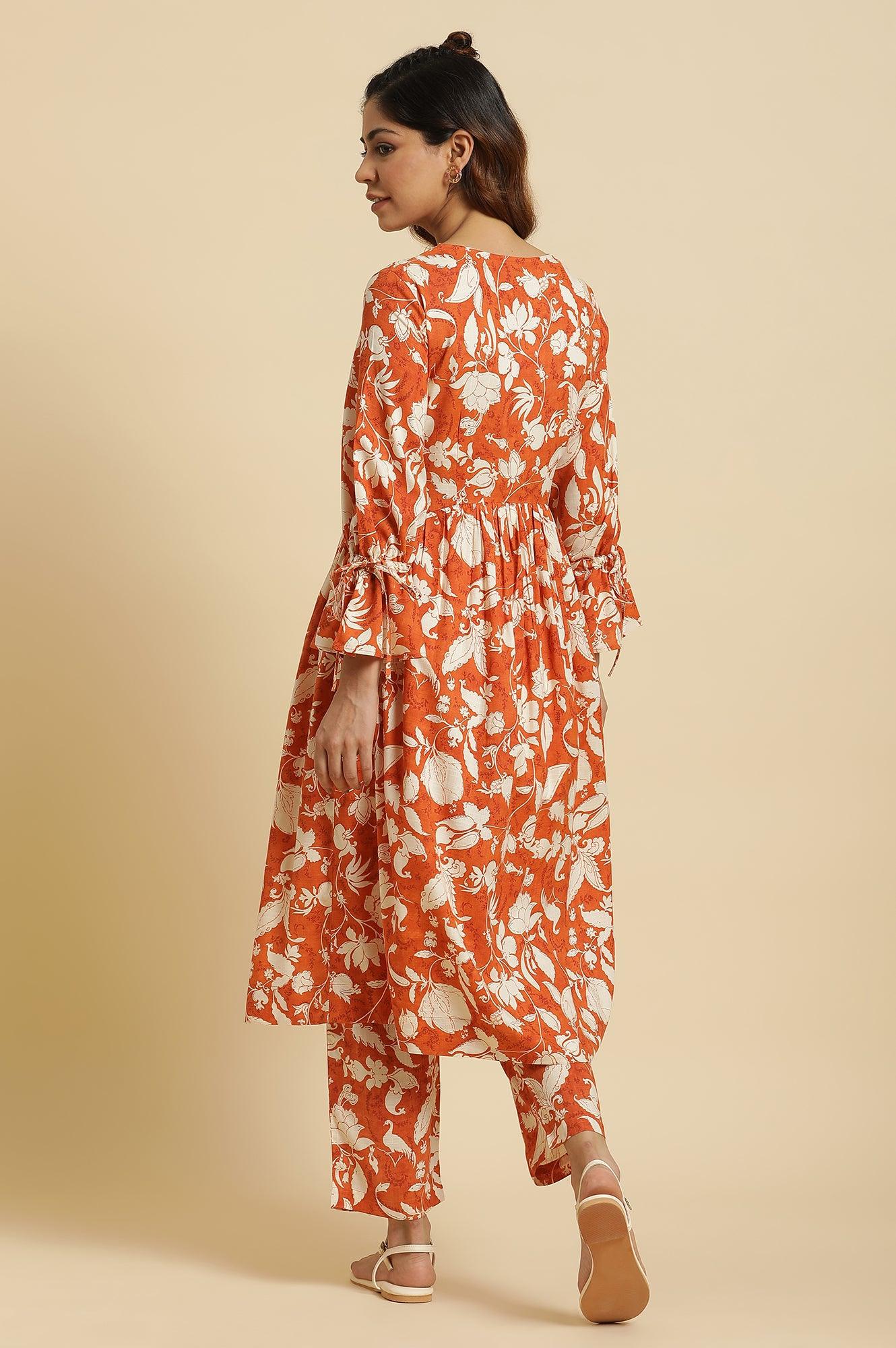 Dark Orange Floral Printed Kurta & Pants Co-Ord Set - wforwoman