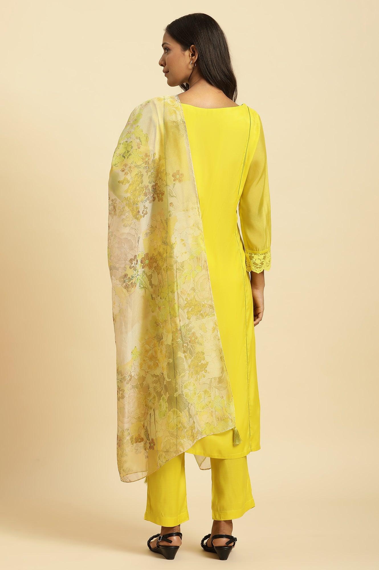 Lime Green Lace Work Kurta, Pants And Dupatta Set - wforwoman