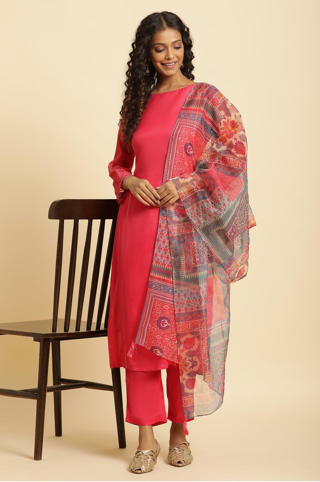 Pink Lace Work Kurta, Pants And Dupatta Set - wforwoman