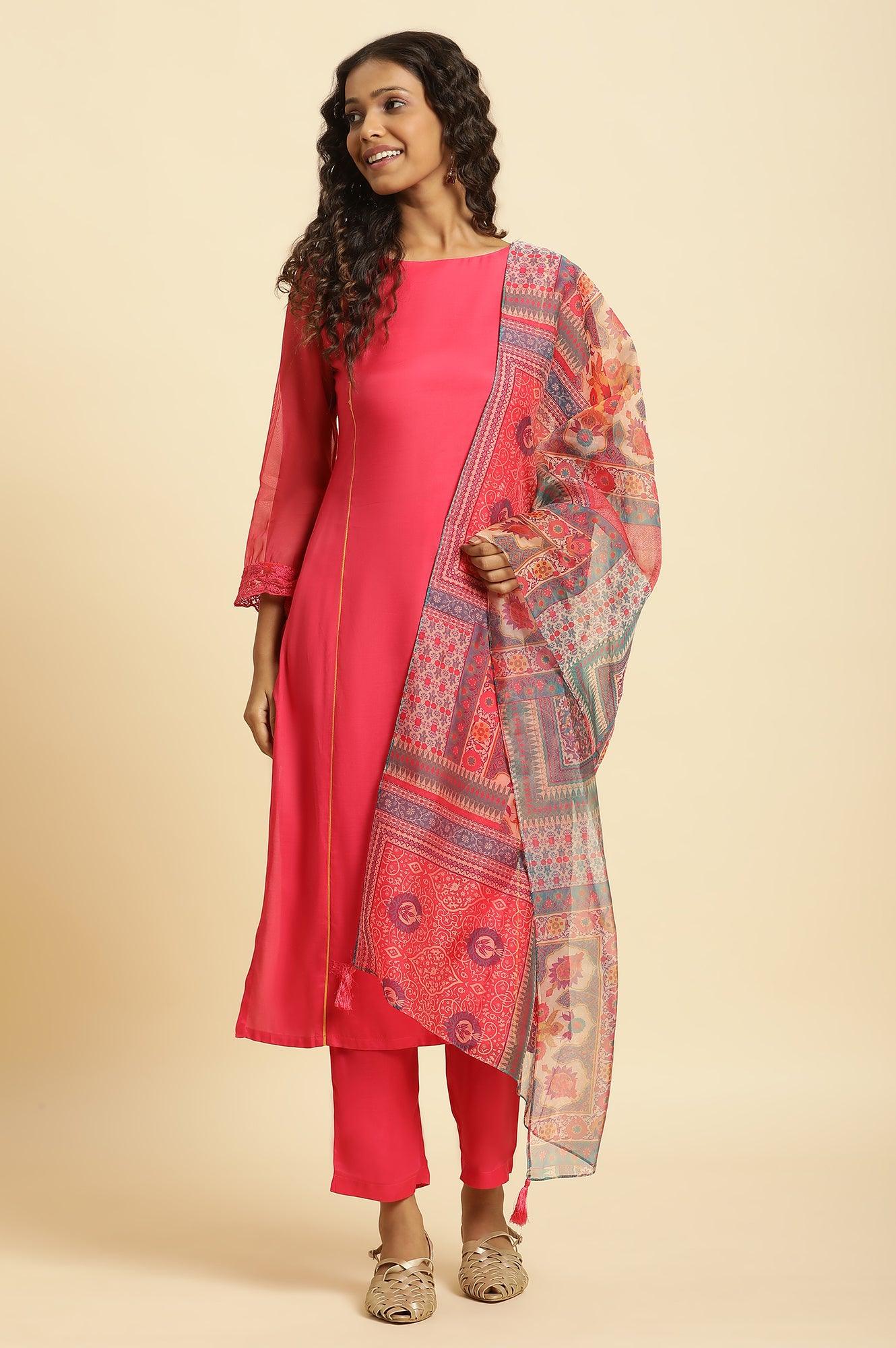 Pink Lace Work Kurta, Pants And Dupatta Set - wforwoman
