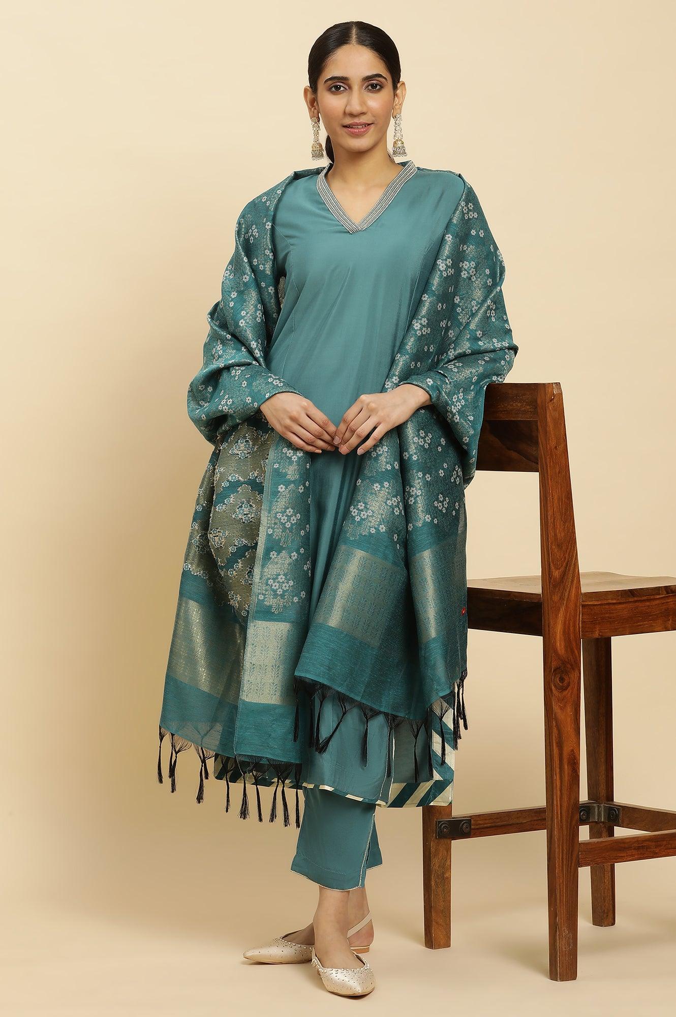 Blue Embellished Kurta, Pants And Jacquard Dupatta Set - wforwoman
