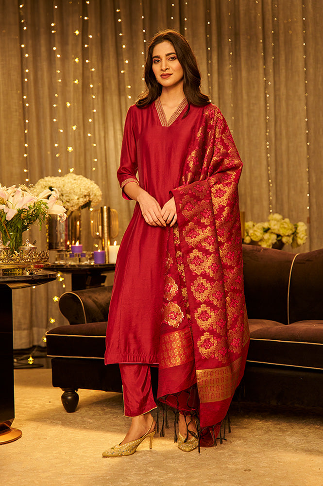 Buy Maroon Solid Kurta, Pants And Jacquard Dupatta Online for Woman