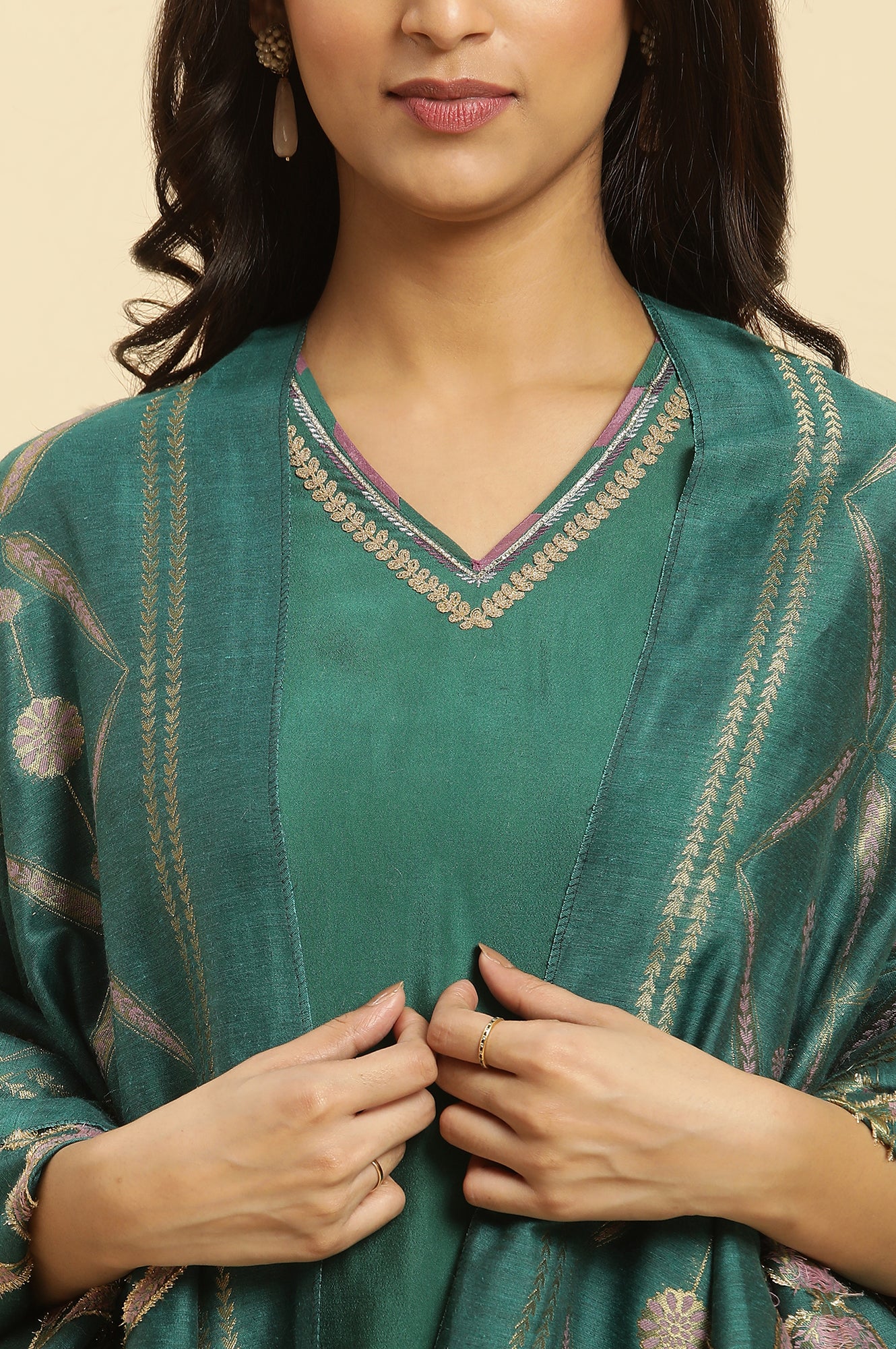 Green Solid Kurta, Pants And Jacquard Dupatta - wforwoman