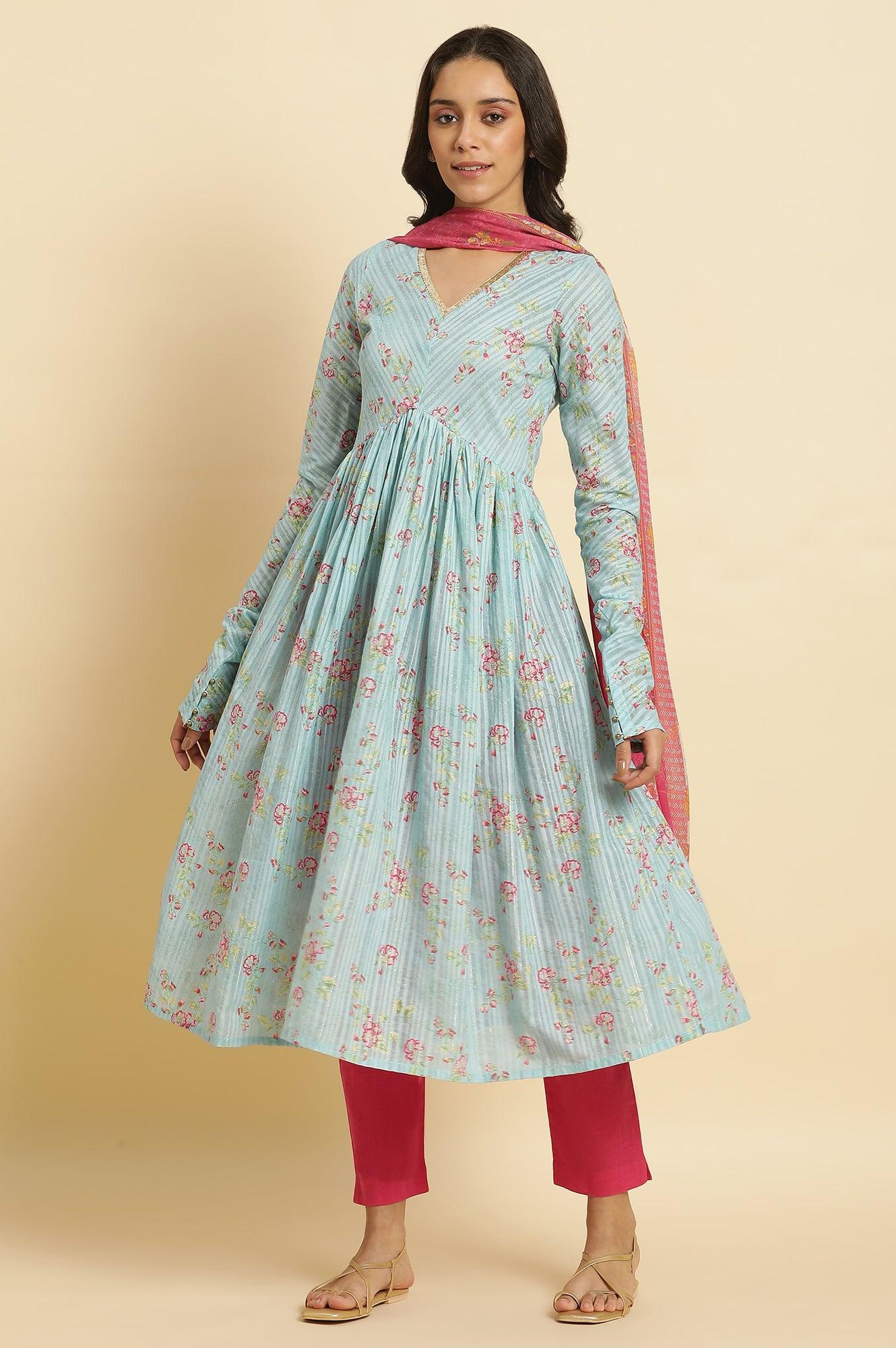 Blue Printed Anarkali Kurta, Pants & Dupatta Set - wforwoman