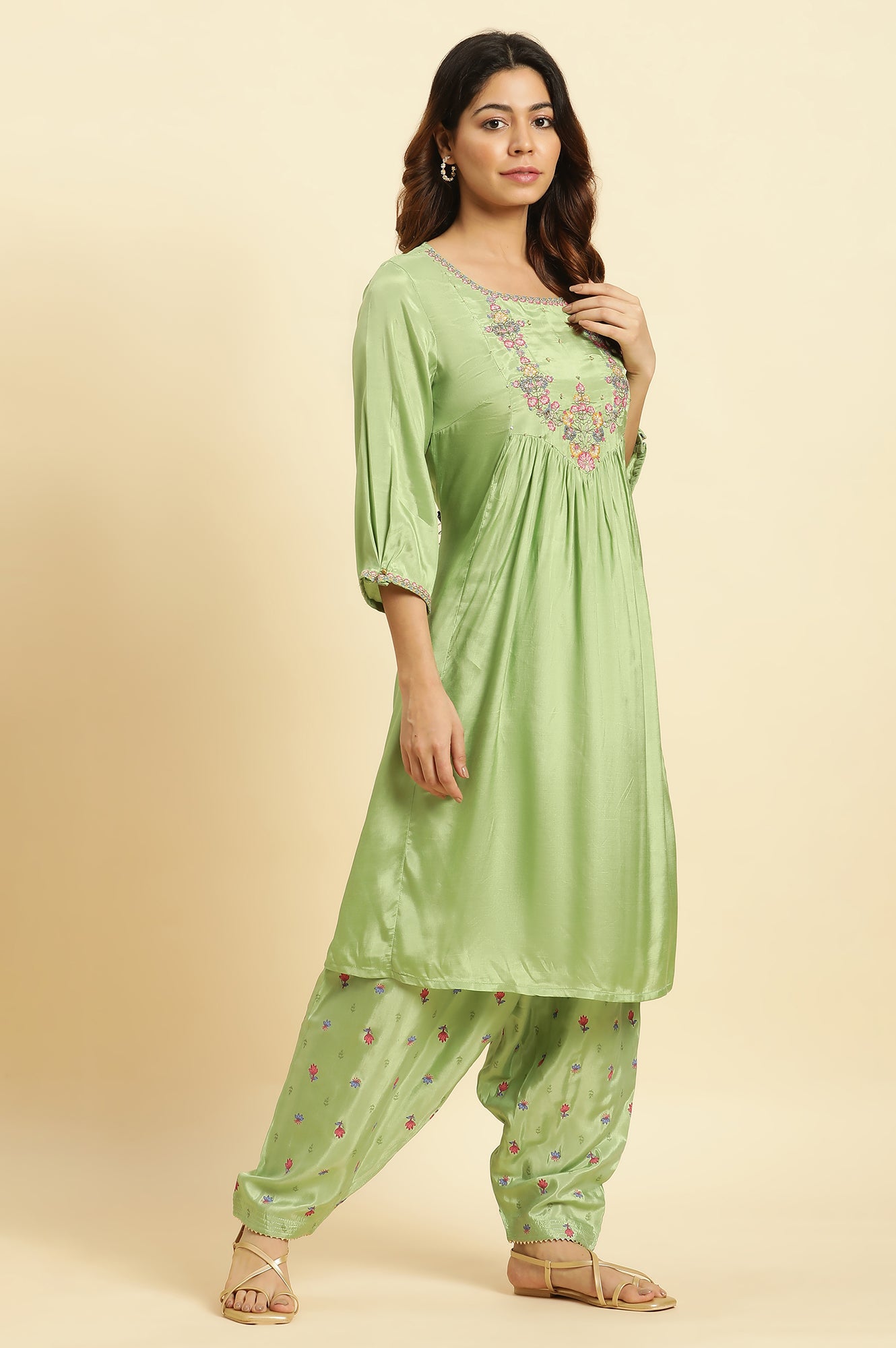 Green Embroidered Kurta, Salwar And Pink Chiffon Dupatta Set - wforwoman
