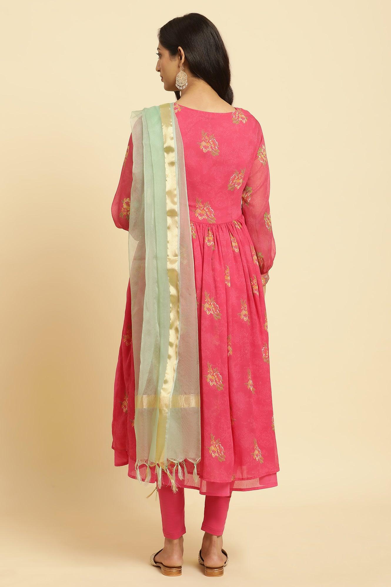 Pink Floral Printed Layered Kurta And Tights And Dupatta Set - wforwoman