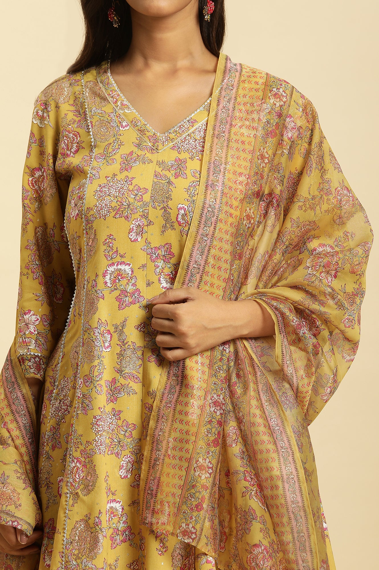 Yellow Floral Printed Short Flared Kurta, Sharara And Dupatta Set - wforwoman