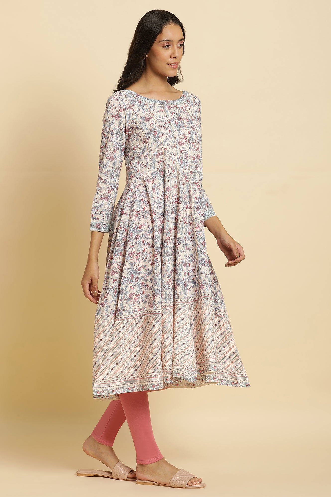 Cream Floral Printed Flared Kurta, Tights & Dupatta Set - wforwoman