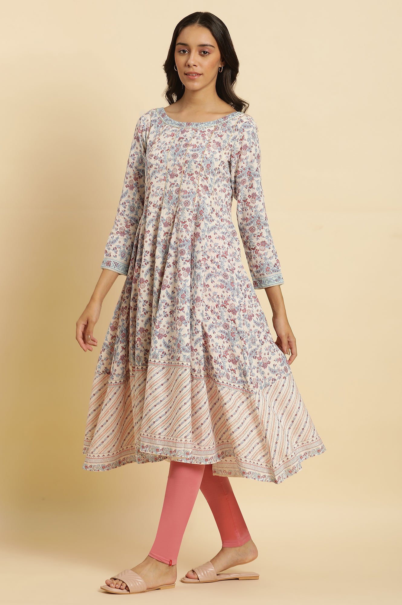 Cream Floral Printed Flared Kurta, Tights & Dupatta Set - wforwoman