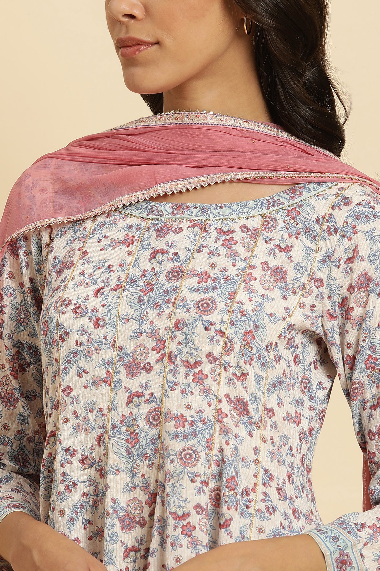 Cream Floral Printed Flared Kurta, Tights & Dupatta Set