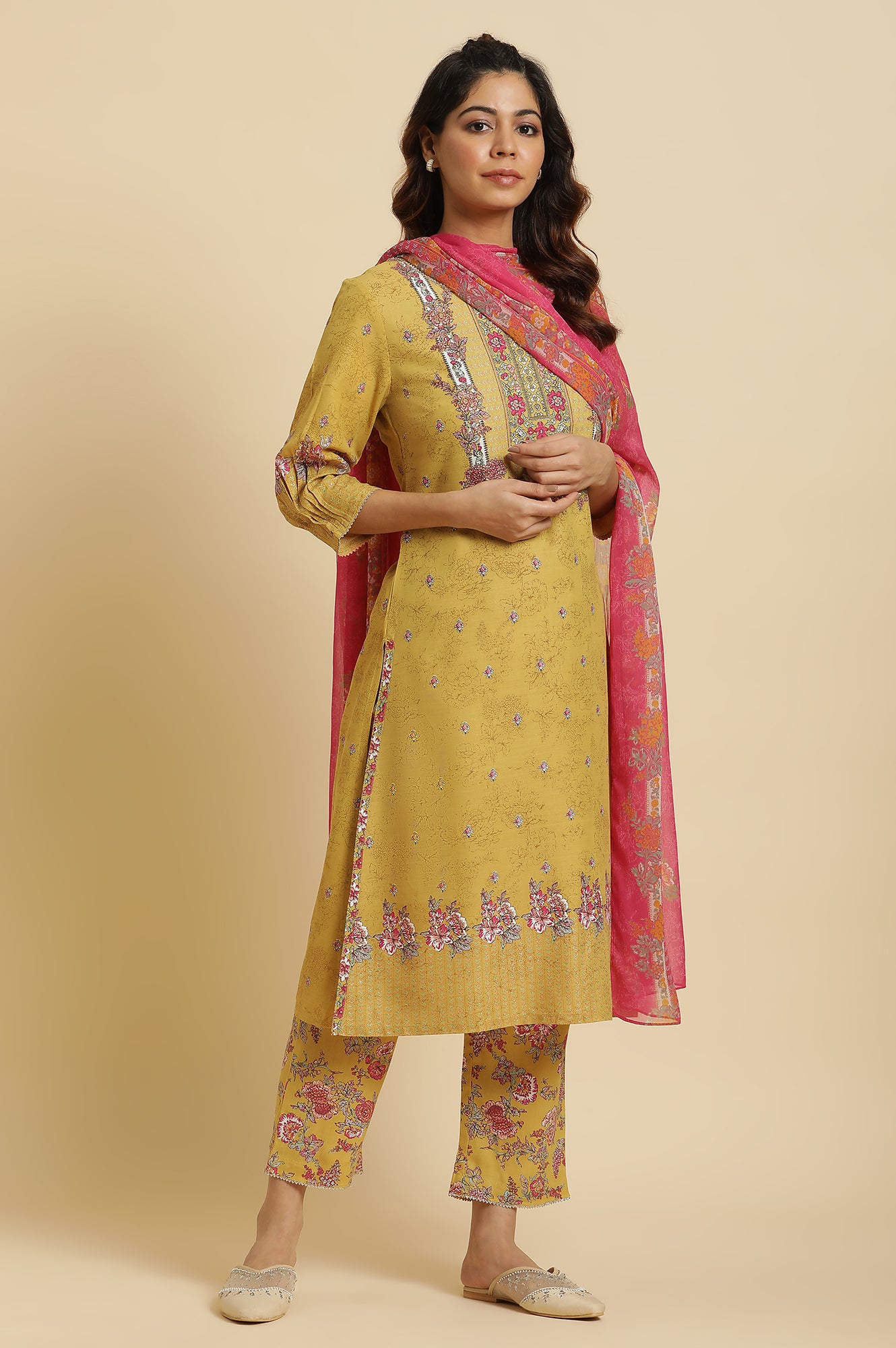 Yellow Floral Printed Kurta, Pants And Pink Dupatta Set - wforwoman