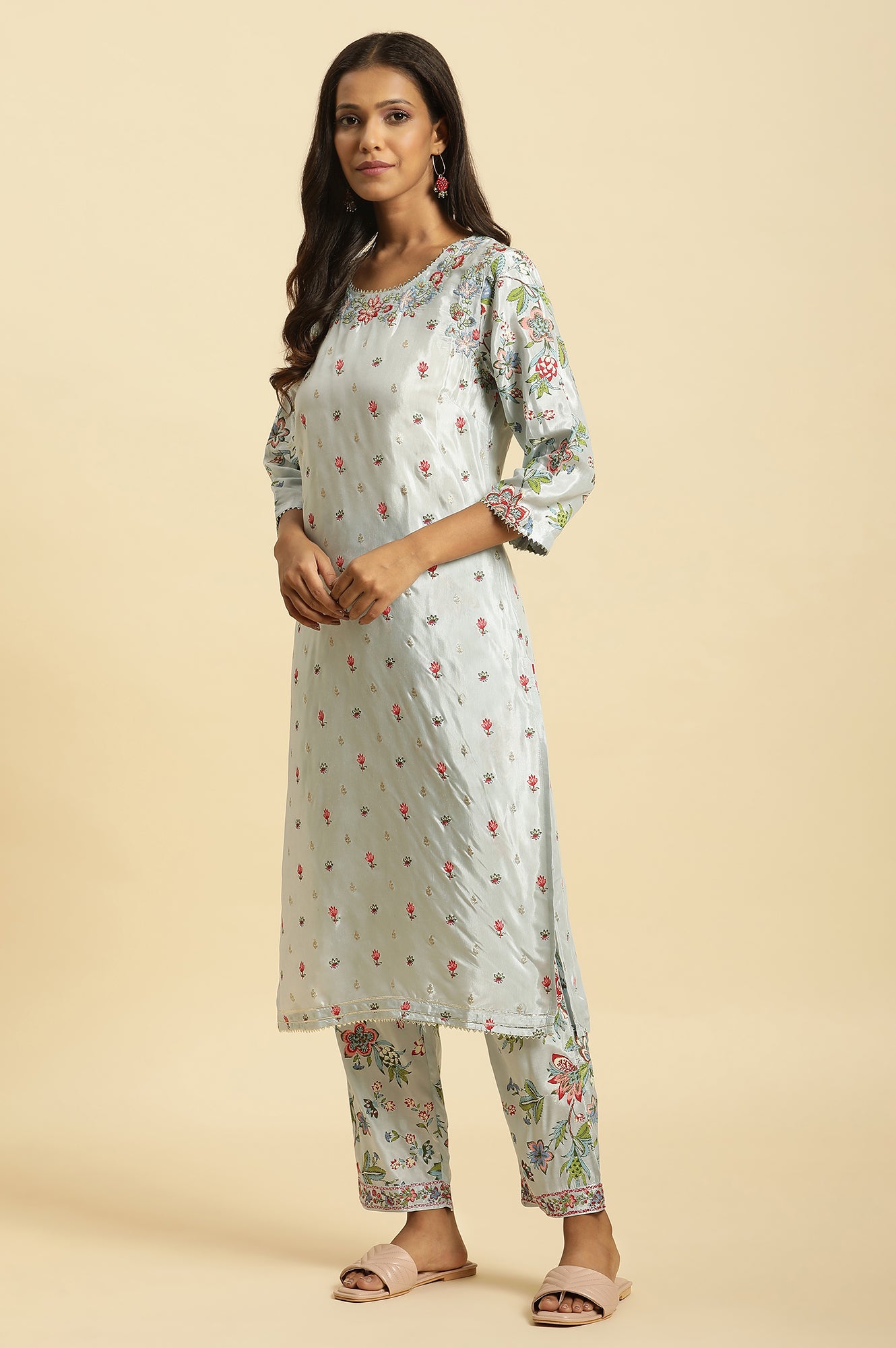 Sky Blue Floral Printed Kurta, Pants And Dupatta Set - wforwoman