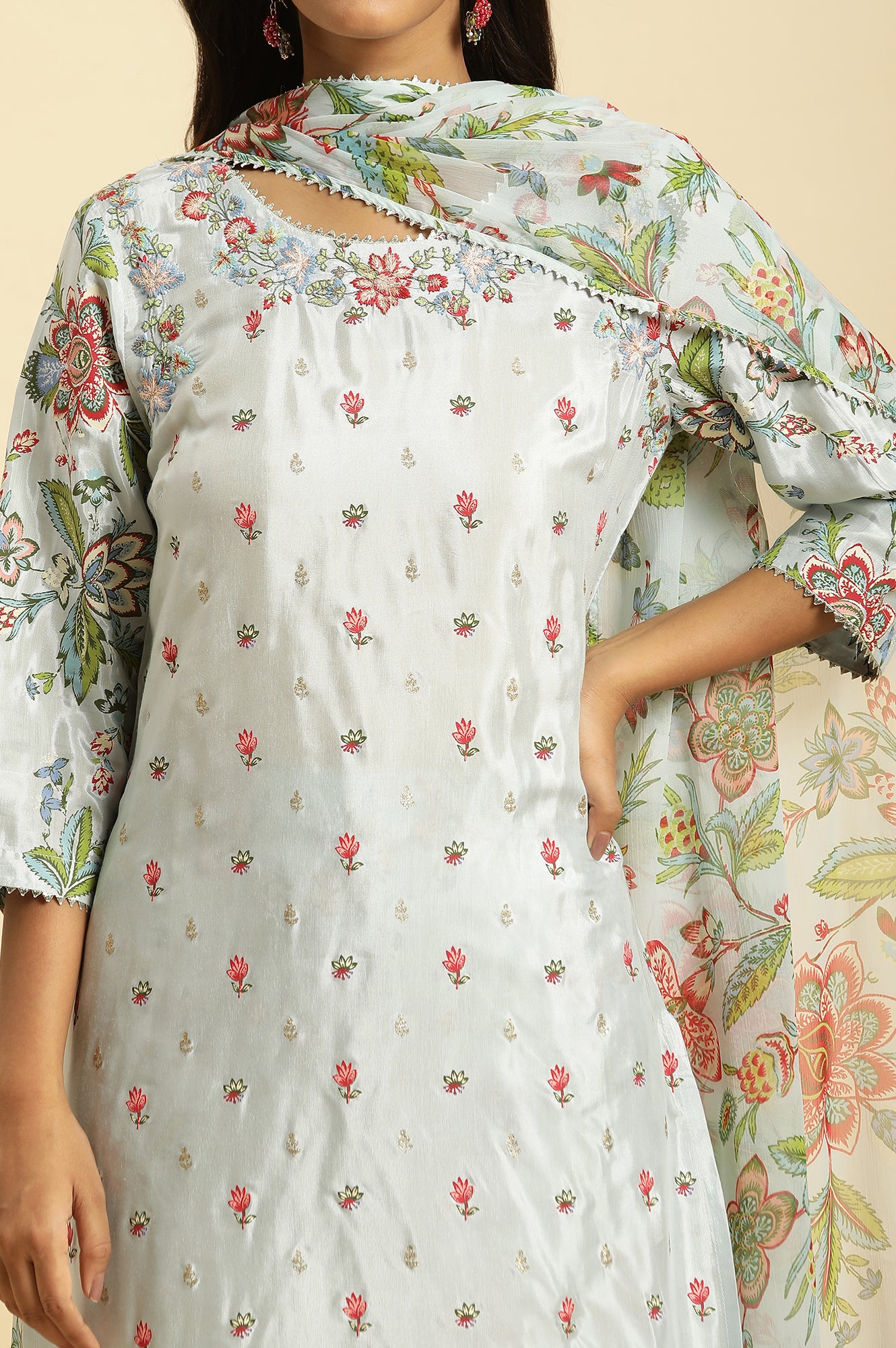 Sky Blue Floral Printed Kurta, Pants And Dupatta Set