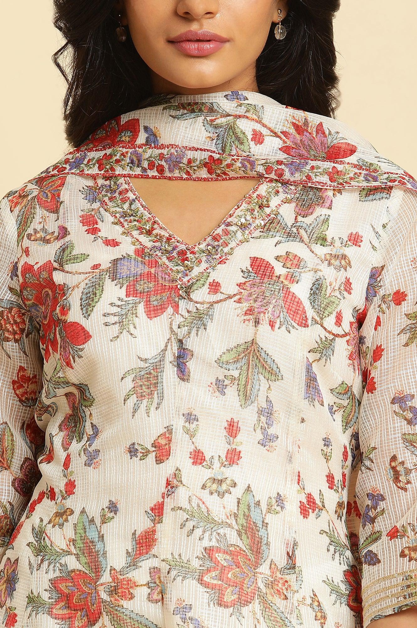 Ecru Printed Panelled Kurta, Pants And Dupatta Set - wforwoman